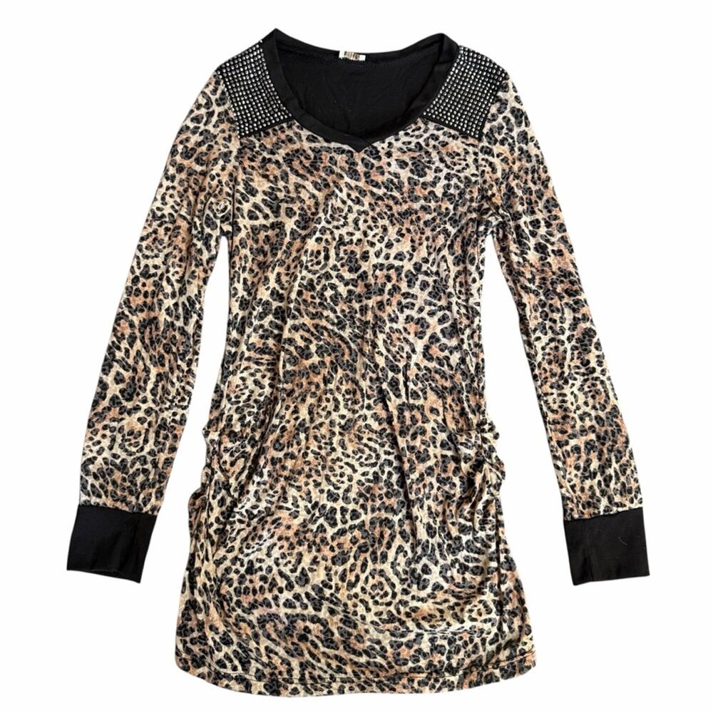 Y2K McBling Leopard Long Sleeve Tunic Top Size Small
